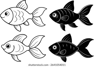 Cute Cartoon Goldfish Silhouettes and Line Art for Coloring and Design. 