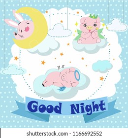 Cute cartoon a good night card by pig angle and rabbit in crescent moon on a cloud,  illustration vector by freehand doodle comic art.