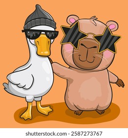 Cute cartoon Goose and Capybara with accessories on an orange background