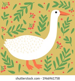 Cute cartoon goose character vector illustration. Hand drawn white domestic bird with long neck and leaves with berries. Childish flat poultry t shirt print design, trendy kids animal poster template