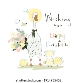 Cute cartoon goose and chicks celebrating Easter