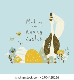 Cute cartoon goose with Easter eggs and flowers