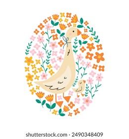 Cute cartoon goose with flowers. Spring cartoon print. Mom and baby. Vector cute bird. Happy Easter print in flat style. Isolated on white background. Good for posters, t shirts, postcards.