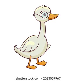 Cute cartoon goose with glasses. Kids vector illustration funny bird. Isolated animal funny character. Children printable clipart.