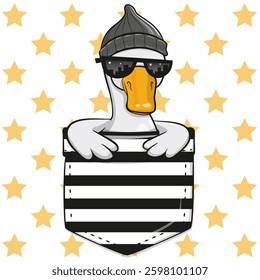Cute Cartoon Goose with glasses in striped pocket on a stars background