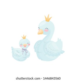 Cute cartoon goose and gosling. Vector illustration on white background.