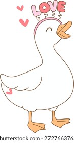 Ganso de desenho animado bonito com expressão alegre, adornado com cabeça rosa e corações, simbolizando amor e carinho