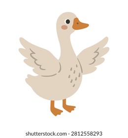 Cute Cartoon Goose Spreading Wings Illustration, Happy Smiling Gander Character Flapping Wings, Friendly Poultry Bird, Boho Minimalist Muted Nursery Clipart Sticker Element