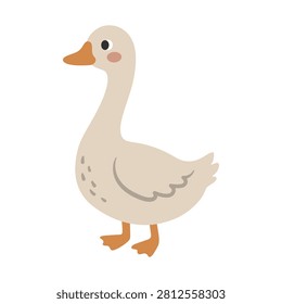 Cute Cartoon Goose Standing Illustration, Happy Smiling Gander Character, Soft Poultry Bird with Orange Beak, Friendly Farm Animal, Boho Minimalist Muted Nursery Clipart Sticker Element