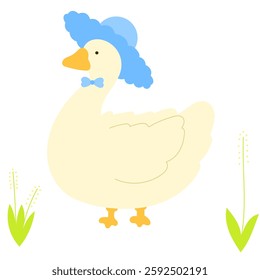 cute cartoon goose wearing a little hat, friendly countryside bird flat vector illustration