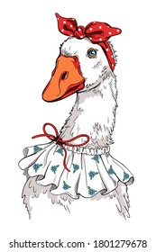 Cute cartoon goose in women's clothing. Stylish image for printing on any surface