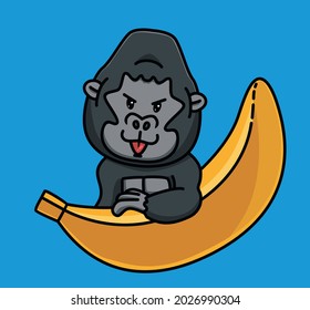 cute cartoon gorilla ape black monkey bring a giant banana. Animal Isolated Flat Style Sticker Web Design Icon illustration Premium Vector Logo mascot character object