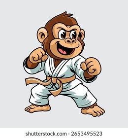 Cute cartoon Gorilla dressed in a martial arts uniform, practicing karate with focus and precision character illustration