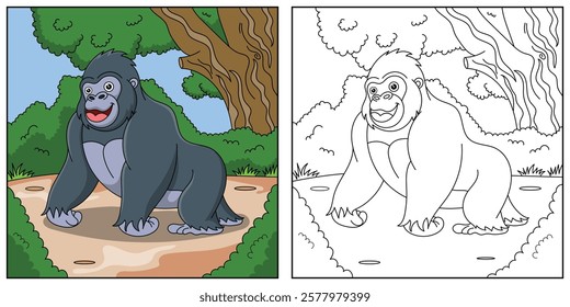 cute cartoon Gorilla, funny illustration, coloring book for kids and children.