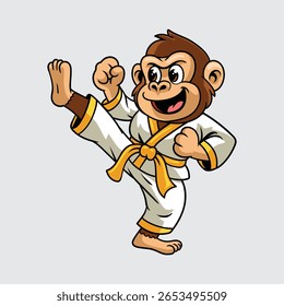 Cute cartoon Gorilla in a karate uniform performs a high kick martial arts character illustration
