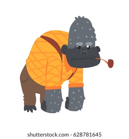 Cute cartoon gorilla in an orange shirt and brown pants and smoking pipe in its mouth. African animal colorful character vector Illustration