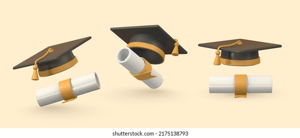 Cute cartoon graduation cap and diploma. Education, degree ceremony concept. Vector illustration.