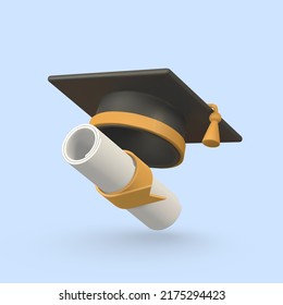Cute cartoon graduation cap and diploma. Education, degree ceremony concept. Vector illustration.
