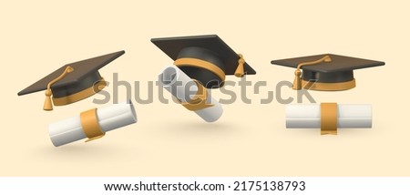 Cute cartoon graduation cap and diploma. Education, degree ceremony concept. Vector illustration.