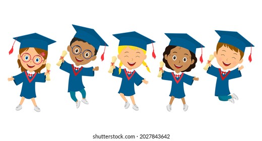 cute cartoon graduation kids jump with diploma, illustration,vector