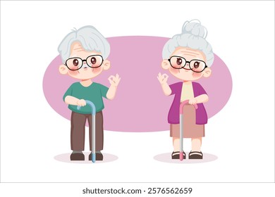 Cute cartoon grandfather and grandmother character design. Vector premium.