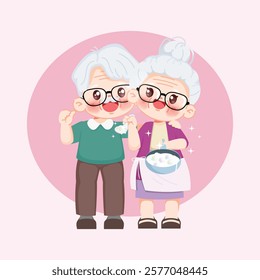 Cute cartoon Grandfather is so happy to be eating grandmother home-cooked meal. Premium illustration vector.cartoon animation design.