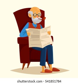 Cute cartoon grandfather sitting in a chair and reading a newspaper. He smokes a pipe. Vector illustration. Character.