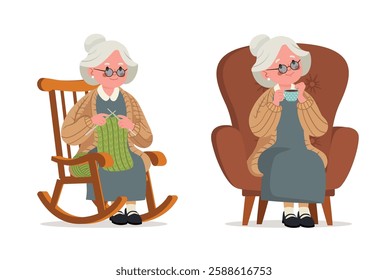 Cute cartoon grandma in a rocking chair knitting. Grandma drinking tea sitting in a chair	