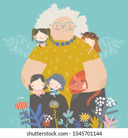 Cute Cartoon Grandmother Hugging Their Grandchildren In Flowers