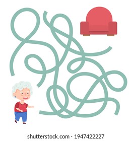 Cute cartoon grandmother maze game. Labyrinth. Funny game for children education. Vector illustration