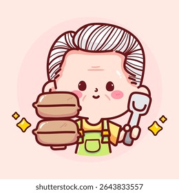 Cute cartoon grandpa in apron holding stacked lunch boxes and a spatula, smiling with sparkles.