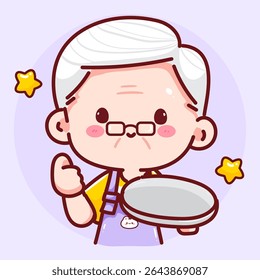 Cute cartoon grandpa in apron holding an empty plate and giving a thumbs up, ready to serve.