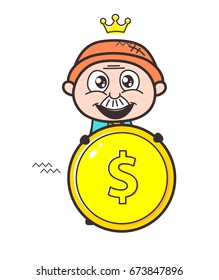 Cute Cartoon Grandpa with Dollar Coin Vector Illustration