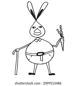 Cute cartoon grandpa rabbit with stick and carrot on white background