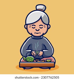 cute cartoon granny drinking tea, tea ceremony