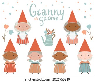 Cute cartoon granny gnomes set. Vector illustration.