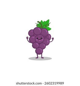 Cute cartoon grape branch isolated on white. Funny fruit character in flat style. Food Vector illustration