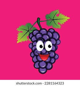 Cute cartoon grape. Cartoon fruit character set. Funny emoticon in flat style. Food emoji vector illustration