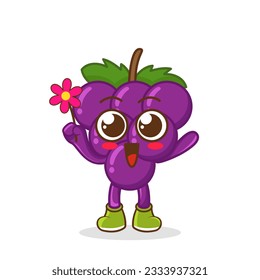 Cute cartoon grape fruit character holding flower