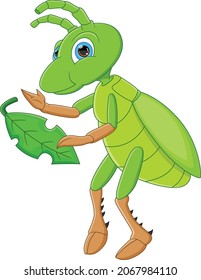 cute cartoon grasshopper eating leaves