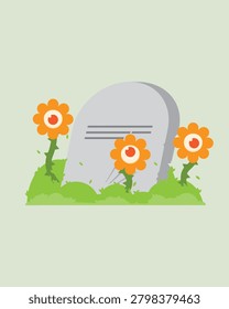 Cute cartoon grave marker surrounded by grass and whimsical flowers, suitable for Halloween themes, cemetery scenes, seasonal decorations, and children's illustrations.