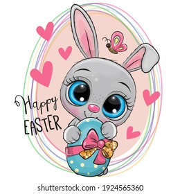 Cute Cartoon Gray Bunny with Easter egg