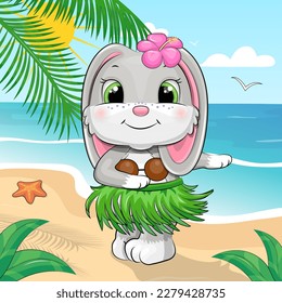 A cute cartoon gray bunny in a Hawaiian skirt and a flower is dancing on the beach. Summer animal vector illustration with sea, sun and palm trees.