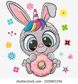 Cute Cartoon Gray Bunny with horn and donut