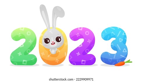 Cute cartoon gray bunny, rabbit, with colored numbers 2023 isolated on white background. Symbol of new year. Vector illustration for postcard, banner, decor, design, arts, web, calendar, advertising.