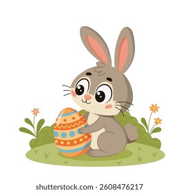 Cute cartoon gray bunny sitting on grass and holding a decorated Easter egg. Flowers, bushes and bright spring colors. Vector illustration.