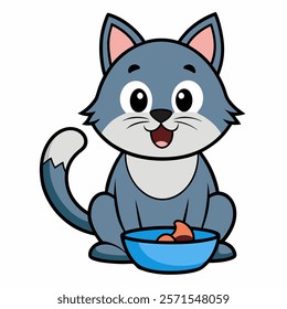 Cute cartoon cartoon gray cat with bowl isolated on white background. Front view. Vector illustration