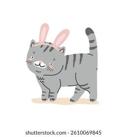 Cute cartoon gray cat with bunny ears, isolated on white background, flat vector illustration for children's drawings or themes