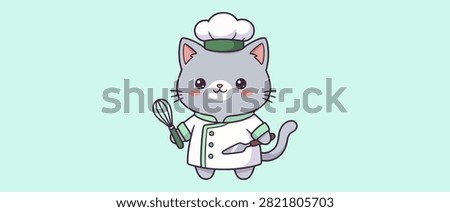 Cute Cartoon Gray Cat Chef Wearing Hat and Uniform Holding Whisk and Spatula, Kawaii Illustration