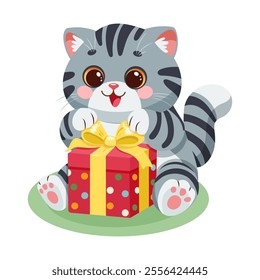 Cute cartoon gray cat excitedly unwrapping a colorful gift. Playful vector illustration 